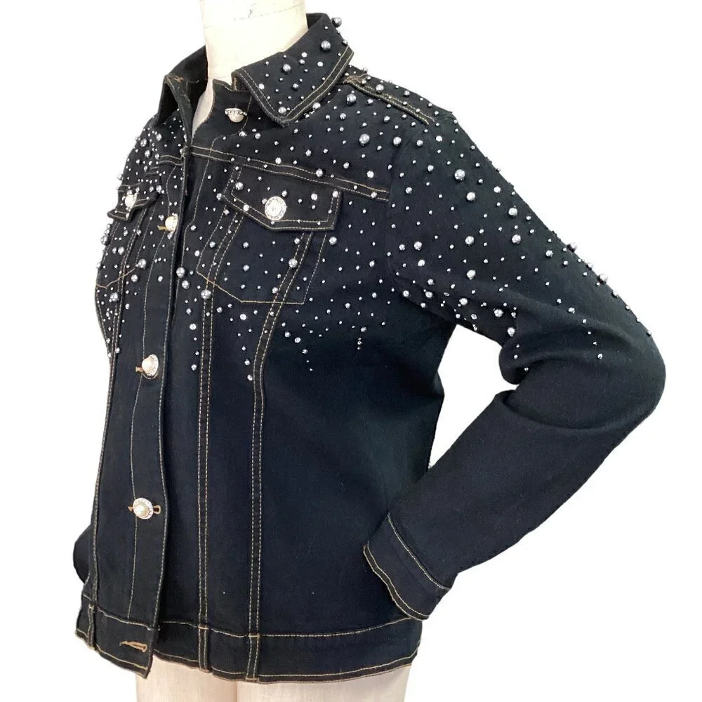 Quacker Factory Black Denim/Jean Jacket Pearl Buttons Beaded Studed Sz XS #57X‎